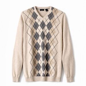 VAN HEUSEN Cream Neutral Argyle V-Neck 100% Cotton Knit Preppy Academia Sweater